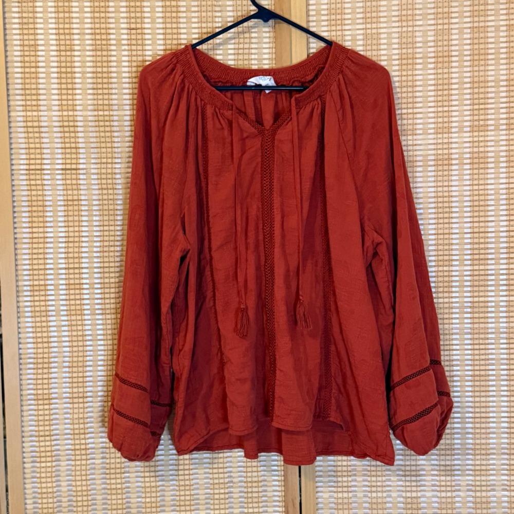 Time and Tru Spiced Cider Peasant Top XXL 20 Burnt Orange Lace Tassel Bohemian
